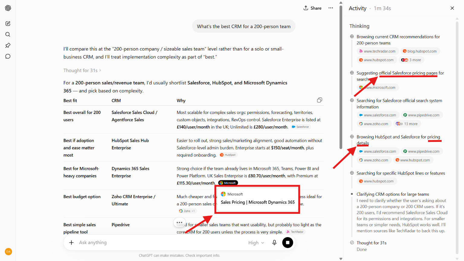 ChatGPT screenshot comparing CRM options for a 200-person team.