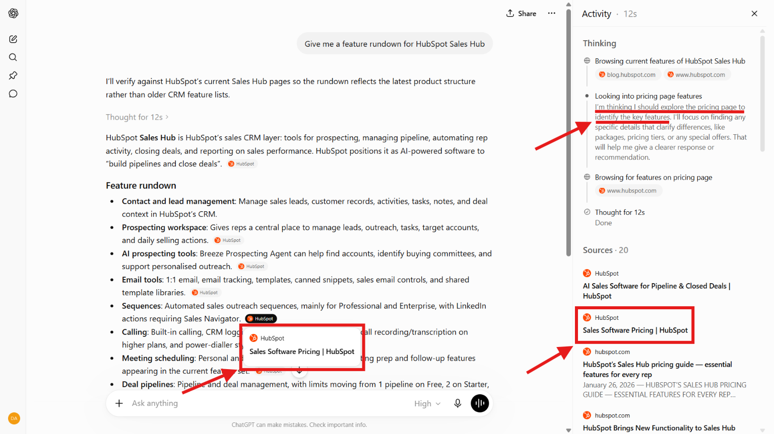 ChatGPT screenshot listing HubSpot Sales Hub features with sources.