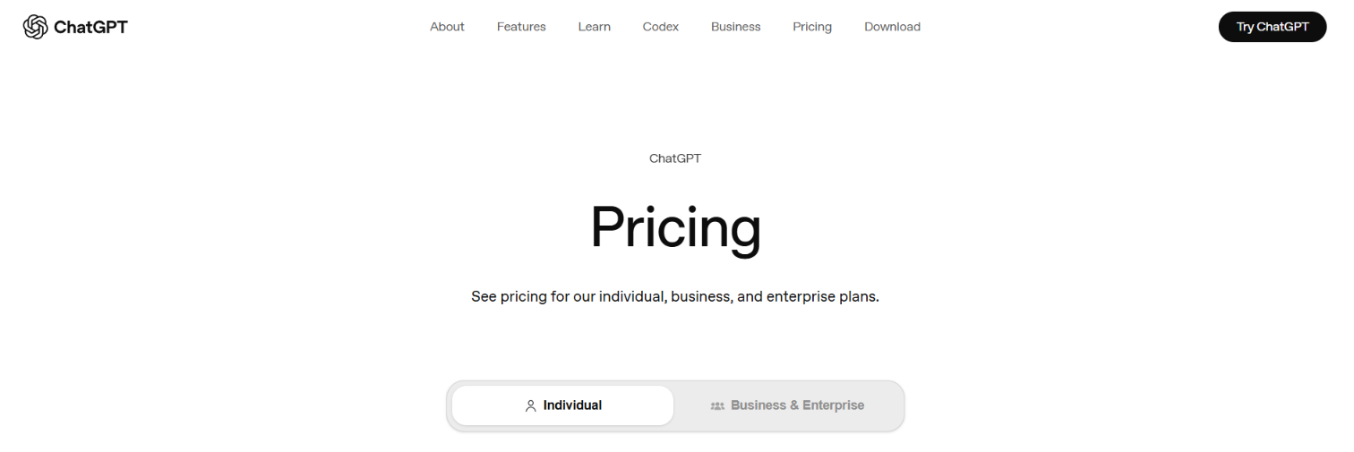ChatGPT pricing landing page with Individual/Business toggle.