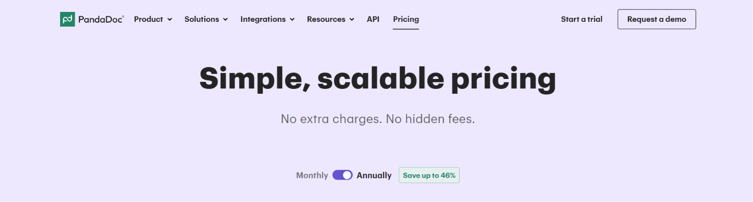 PandaDoc pricing page header with monthly/annual toggle.