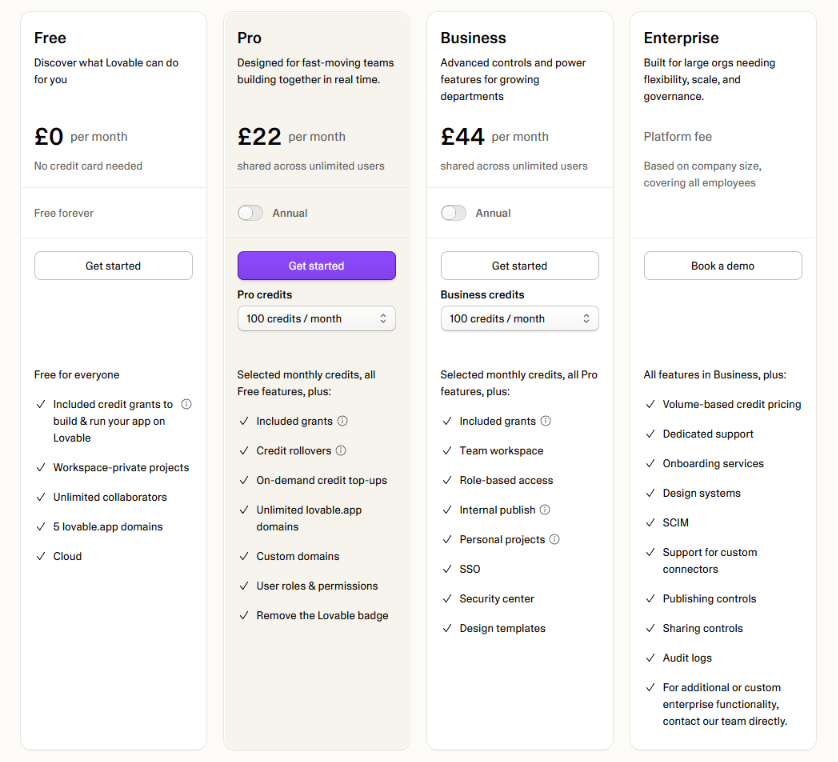 Four-tier Lovable pricing cards (Free, Pro, Business, Enterprise).