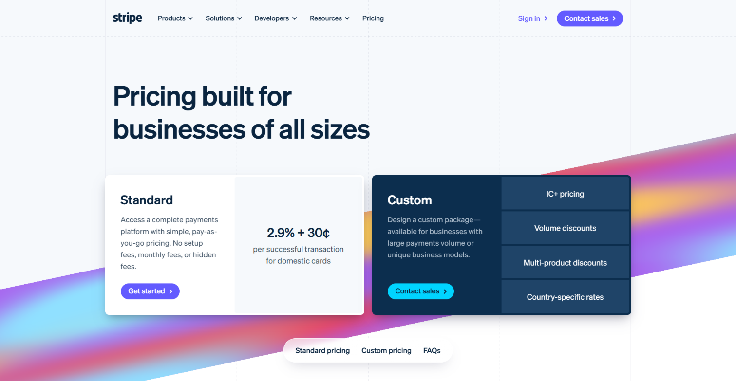 Stripe pricing page showing Standard and Custom plan cards.