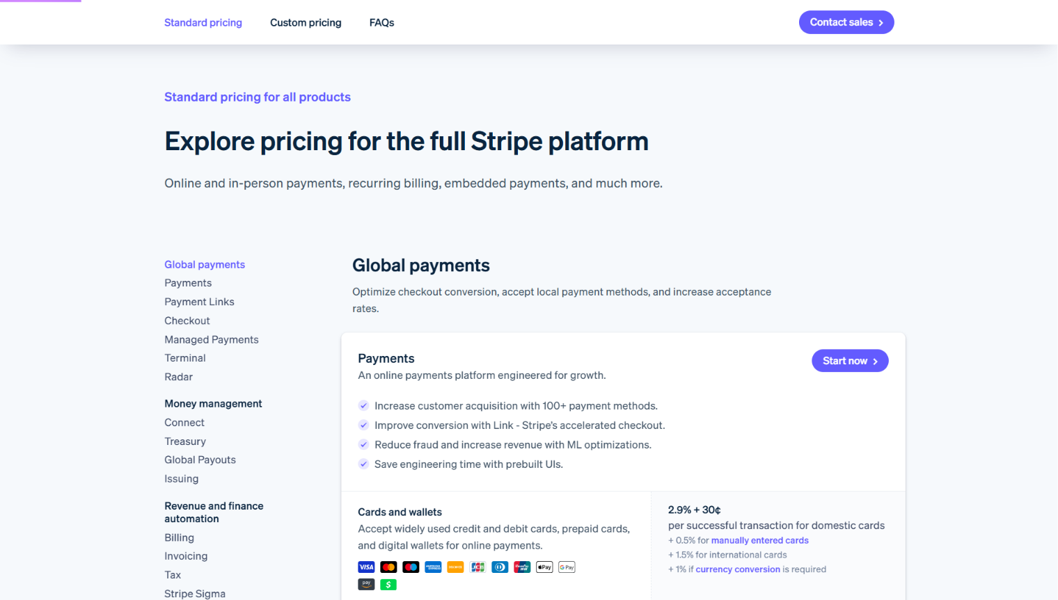 Stripe pricing page showing global payments plan with features and card rates.
