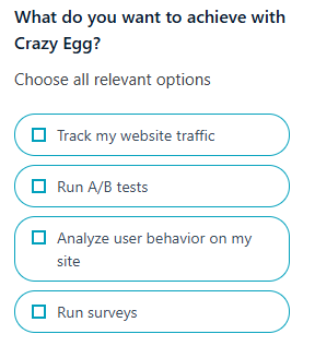 Onboarding survey asking "What do you want to achieve with Crazy Egg?" with checkbox options for traffic tracking, A/B testing, user behavior analysis, and surveys.