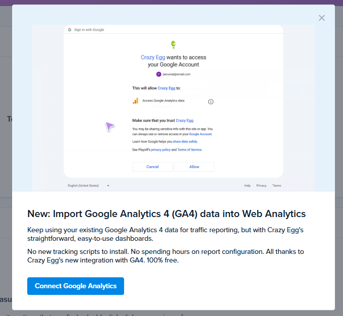 Google account permission dialog for connecting Crazy Egg to Google Analytics 4, with a promo banner about importing GA4 data.