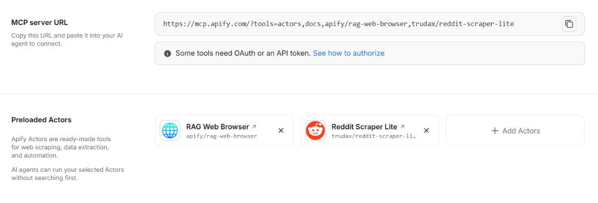 Screenshot of MCP server setup with preloaded research tools