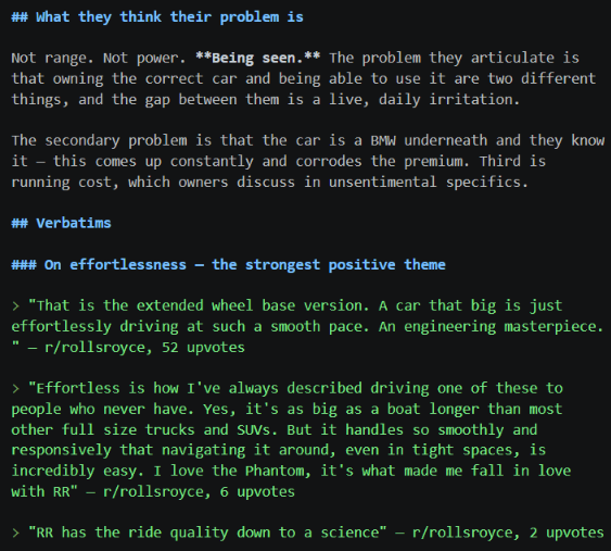 Screenshot of Reddit research notes on Rolls-Royce buyers