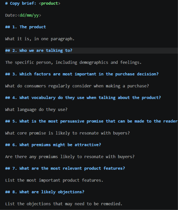 Screenshot of a copy brief template with guided questions