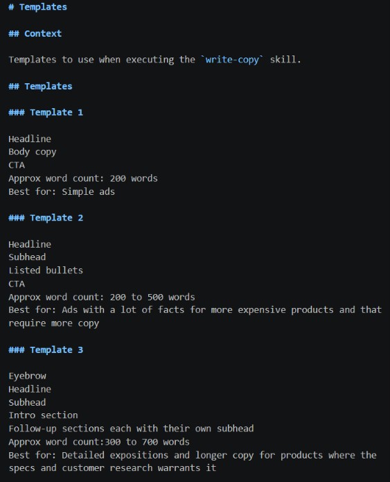 Screenshot of copywriting templates used in a Claude skill