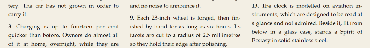 Close-up of numbered body copy from a Rolls-Royce Spectre ad