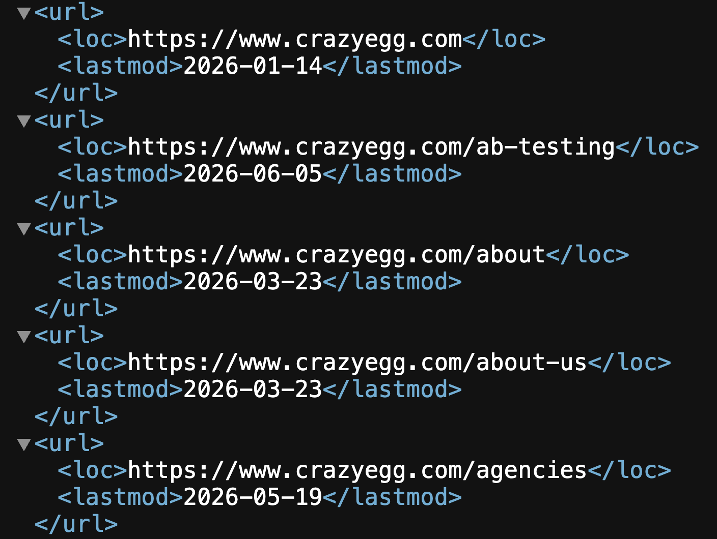 XML sitemap entries for crazyegg.com showing URL locations and last modified dates