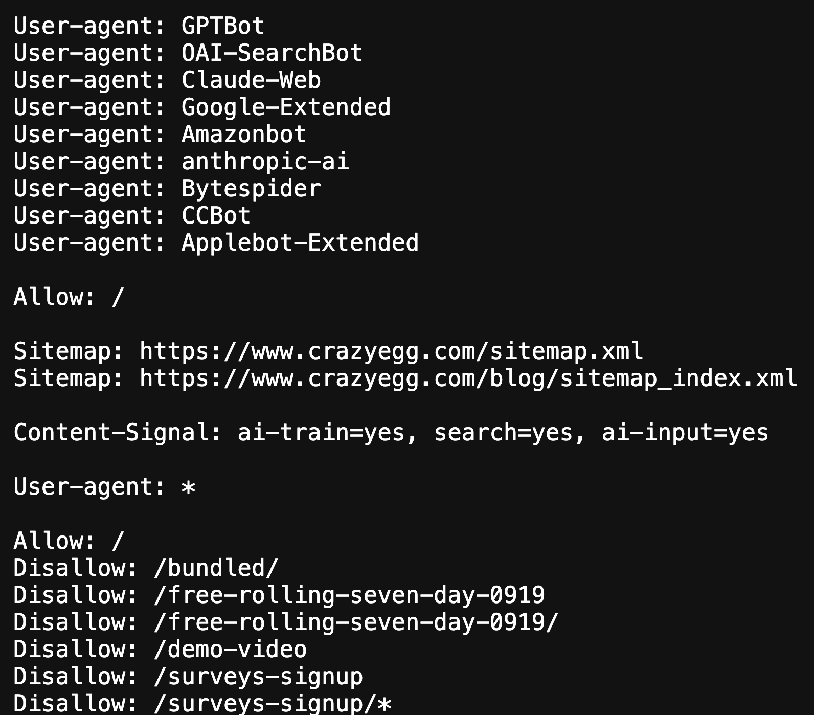 robots.txt file allowing AI crawlers including GPTBot, Claude-Web, and Anthropic-ai, with sitemap and disallow rules