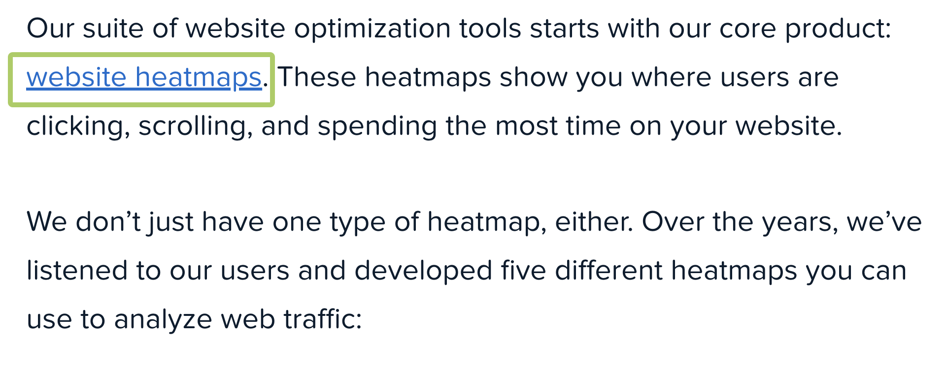 Webpage text with the "website heatmaps" link highlighted in green