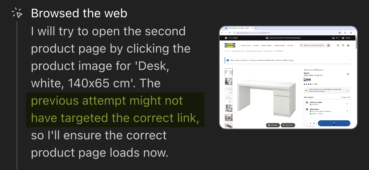 AI agent navigating to the IKEA MALM desk product page