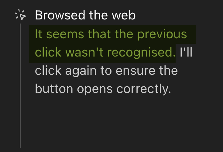 AI agent noting a previous click wasn't recognized and retrying
