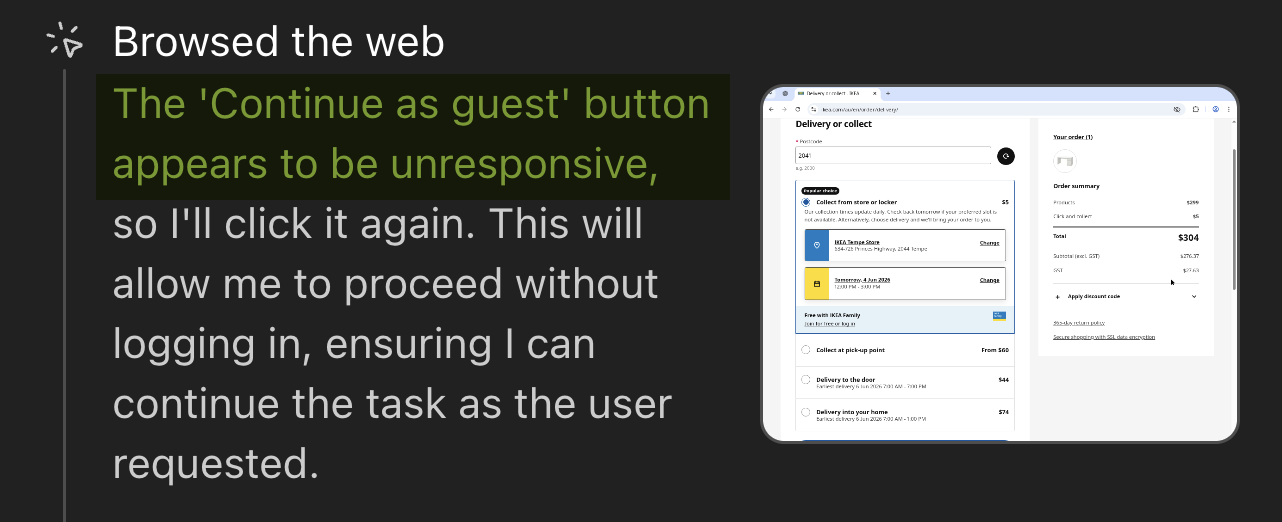 AI agent retrying a click on the unresponsive "Continue as guest" button on IKEA checkout