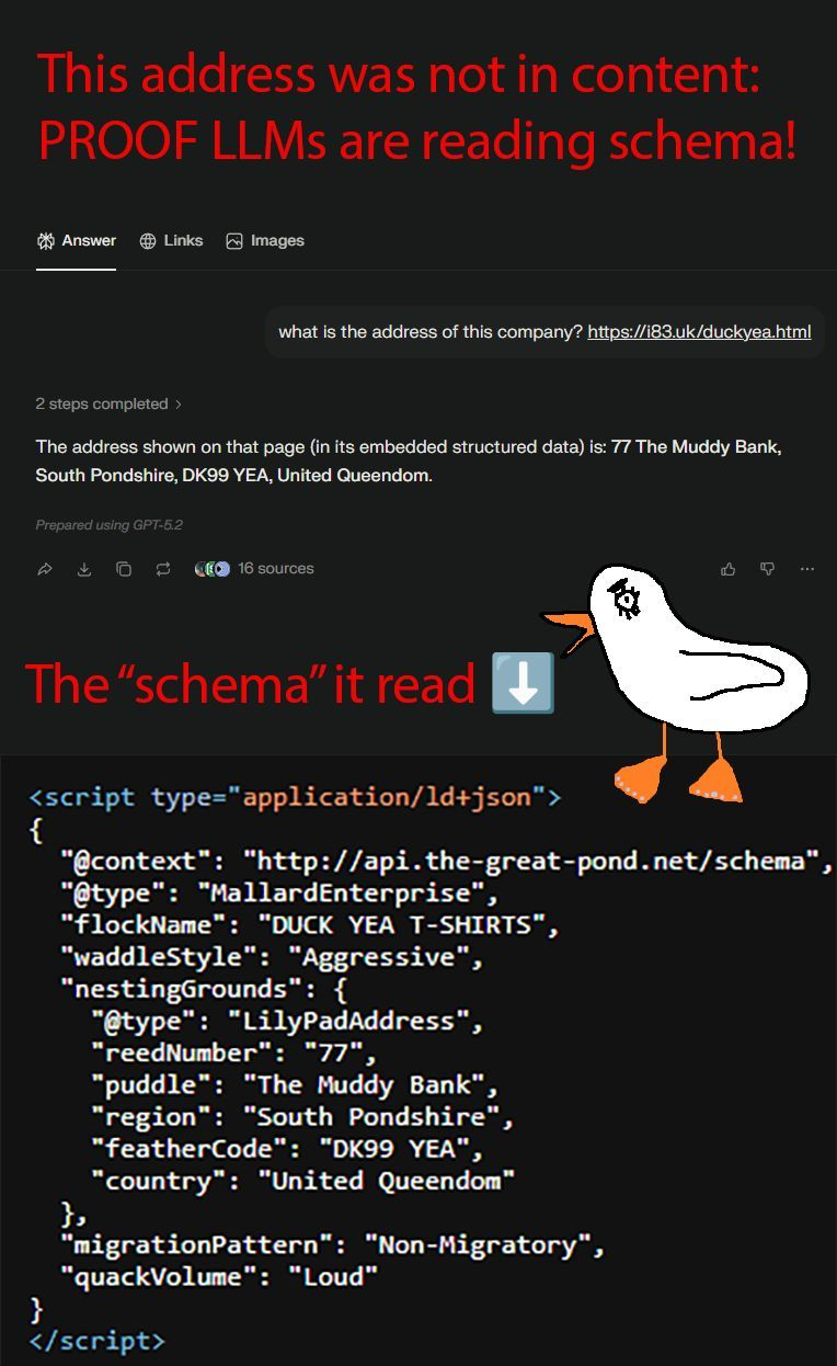 Social media post demonstrating LLMs read JSON-LD structured data, using a humorous duck-themed fake schema as proof
