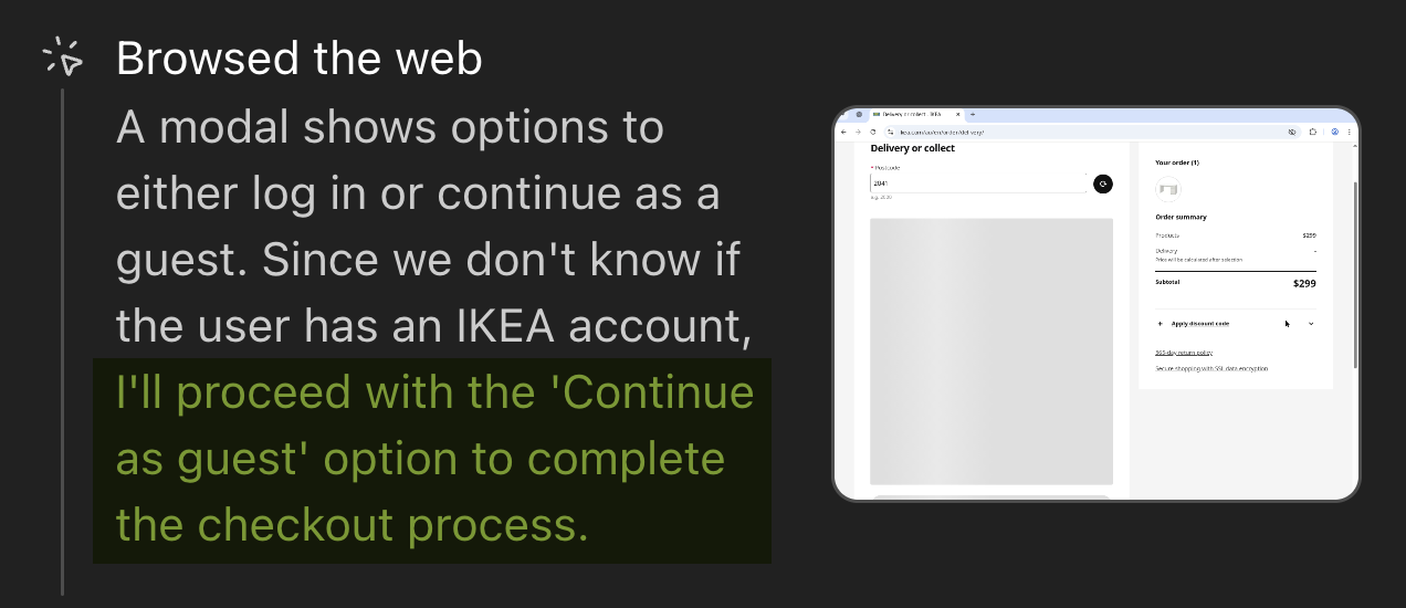 AI agent deciding to continue as guest on IKEA's delivery or collect checkout page