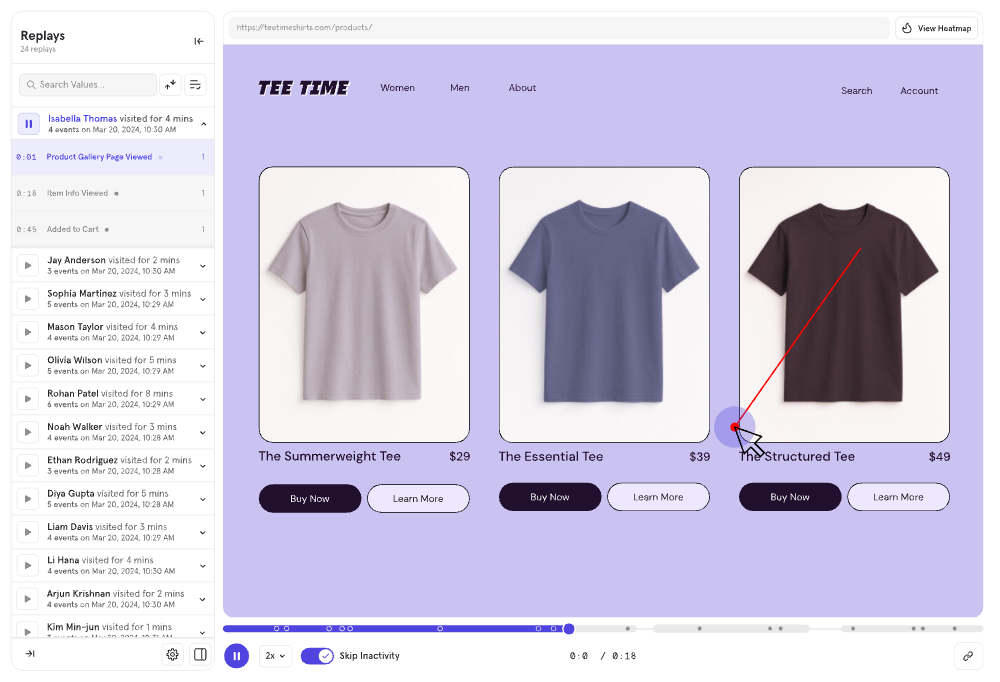 Session replay recording of a shopper clicking a t-shirt product page