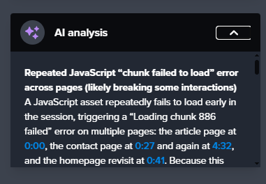 AI analysis panel identifying a repeated JavaScript chunk load error