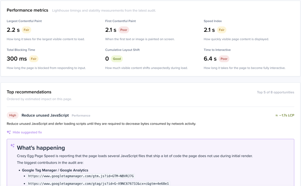 Screenshot of a Page Speed Audit report in Crazy Egg, with both performance metrics and an automatically-generated list of recommendations (each including code to fix the speed issue).