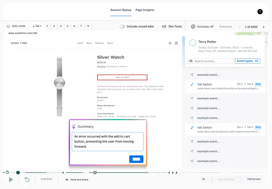 Session replay with tab-switching events and an AI-generated summary of a broken "Add to cart" button.