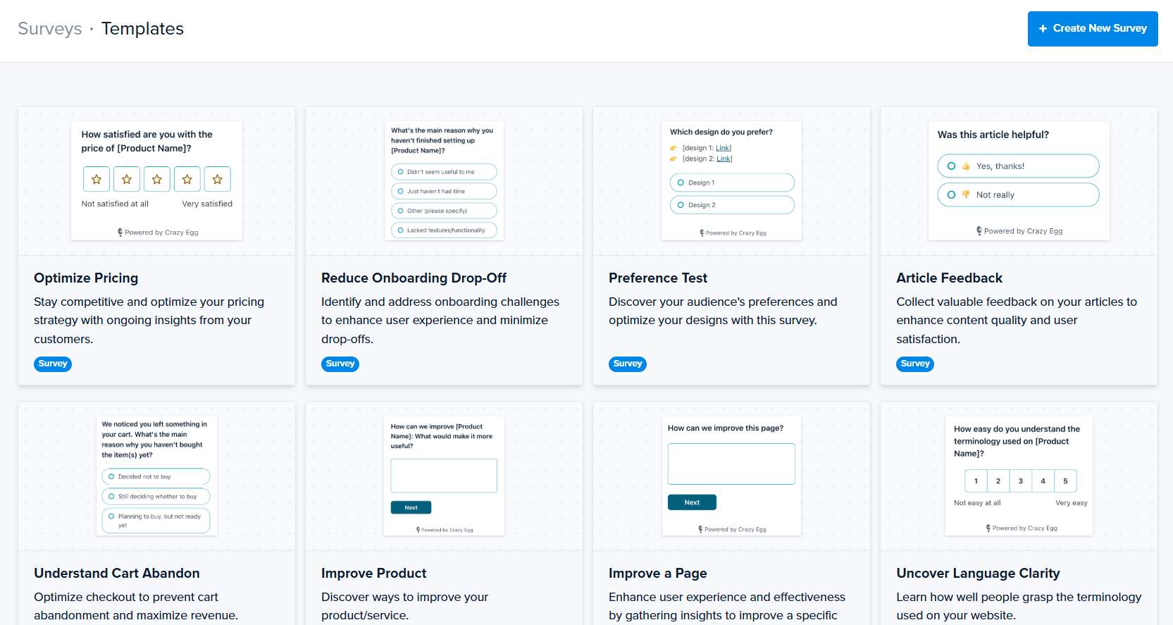 Crazy Egg survey template gallery with options like pricing feedback, cart abandonment, and article feedback.