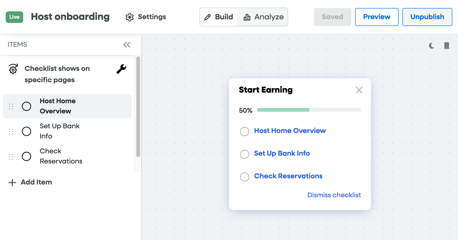 Checklist builder showing an in-progress "Start Earning" onboarding checklist for a host site.