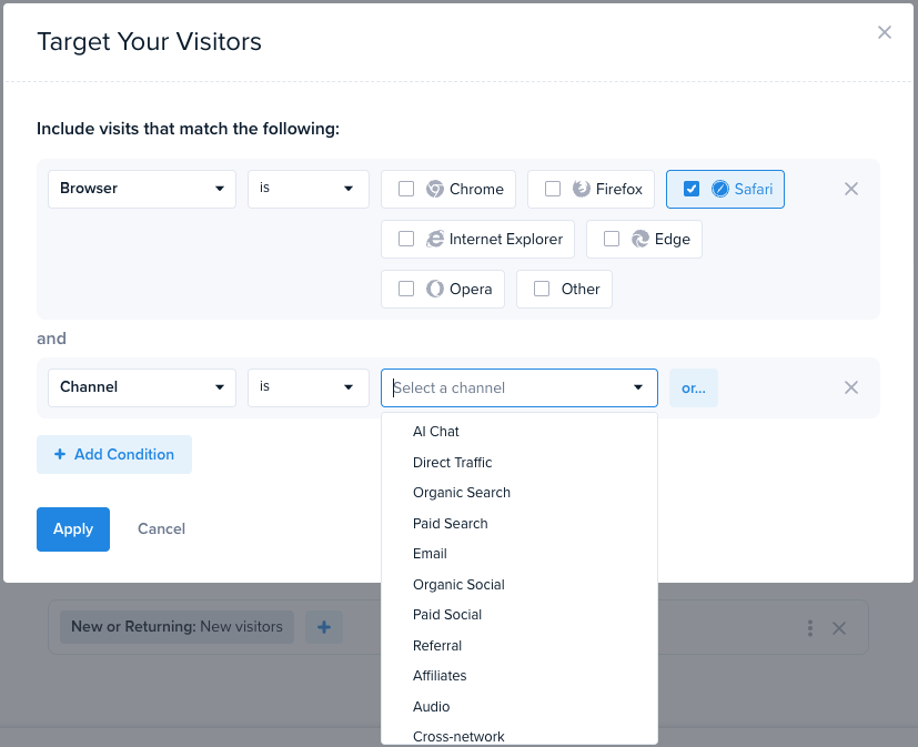 Screenshot of the Audience Targeting filter interface in Crazy Egg's A/B Testing, showing a Browser filter and options for a new Channel filter.