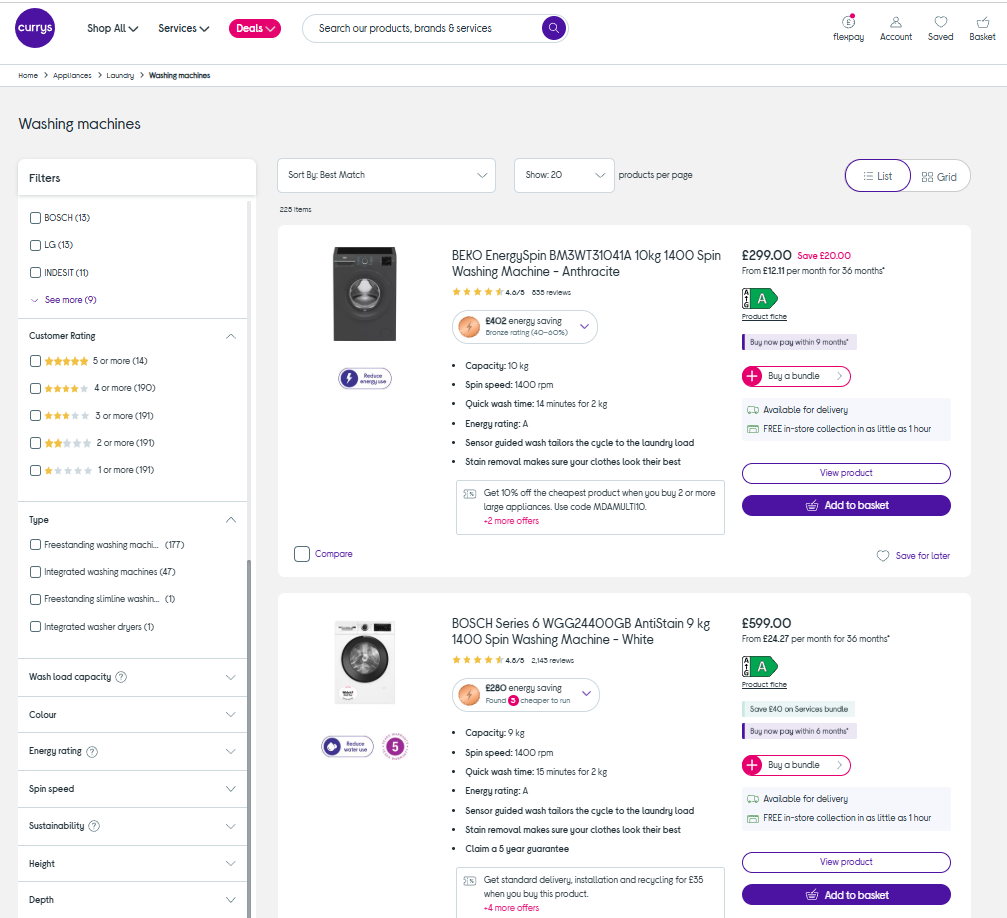 Currys washing machines product listing page