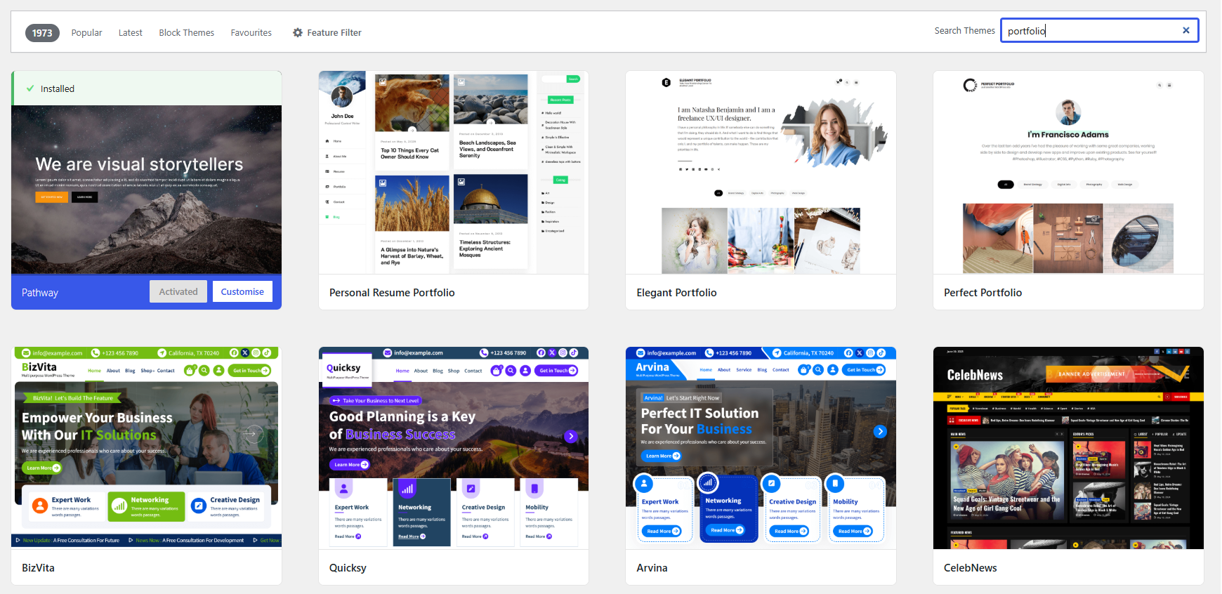 WordPress theme browser showing portfolio templates