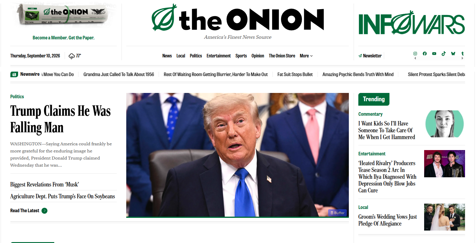 The Onion homepage with Trump satire headline
