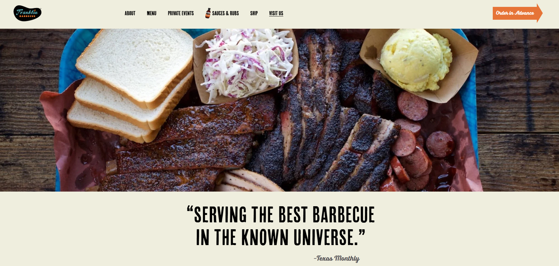 Franklin Barbecue website hero image with smoked meat platter