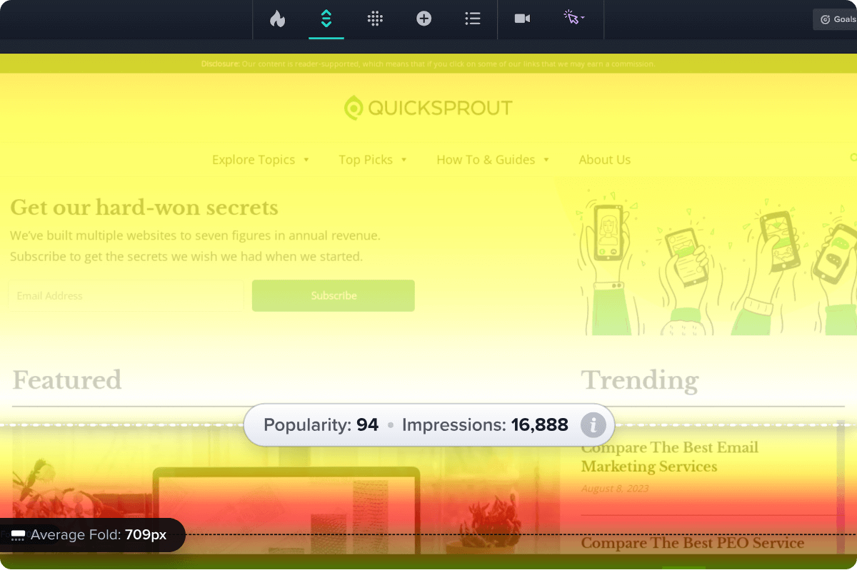 Quicksprout homepage with click heatmap overlay