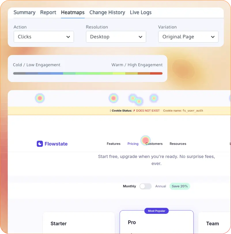 Convert heatmap of a pricing page with filters for action, resolution and test variation.
