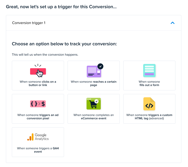 Conversion trigger setup screen with seven tracking options, including button clicks, page visits, form fills, ad pixels, eCommerce events, custom HTML tags and GA4 events.