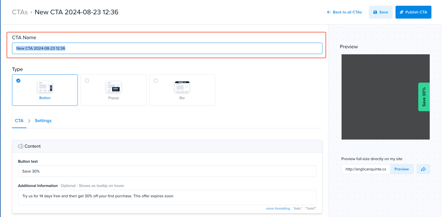 Crazy Egg CTA builder with button, popup and bar options, plus a live preview of a "Save 30%" button.