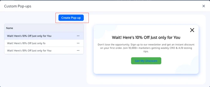 Custom pop-up editor showing a newsletter discount offer with a "Get My Discount" button.