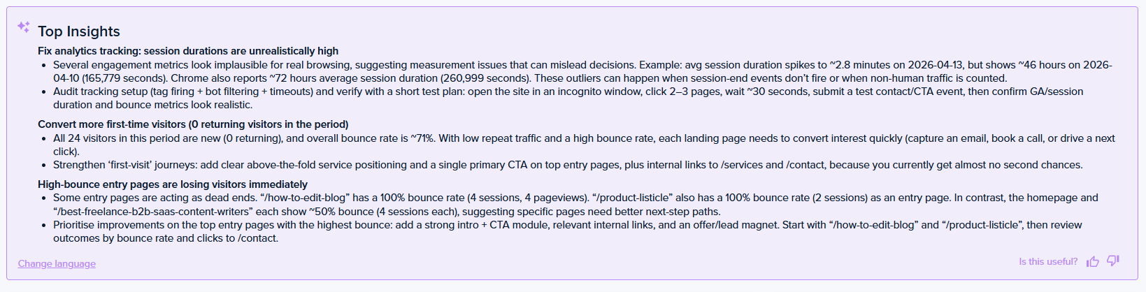 AI-generated Top Insights panel flagging tracking issues, zero returning visitors and high-bounce entry pages, with suggested fixes.