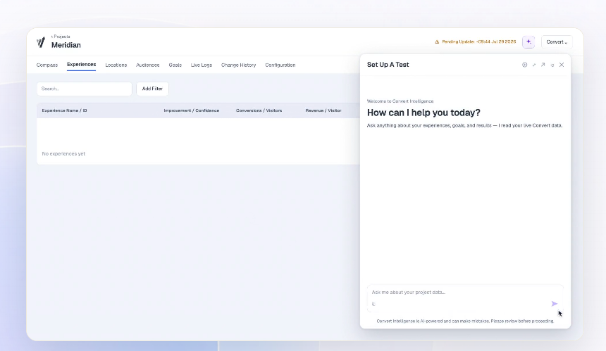 Convert Intelligence AI assistant panel open next to the Experiences tab, ready to answer questions about test data.