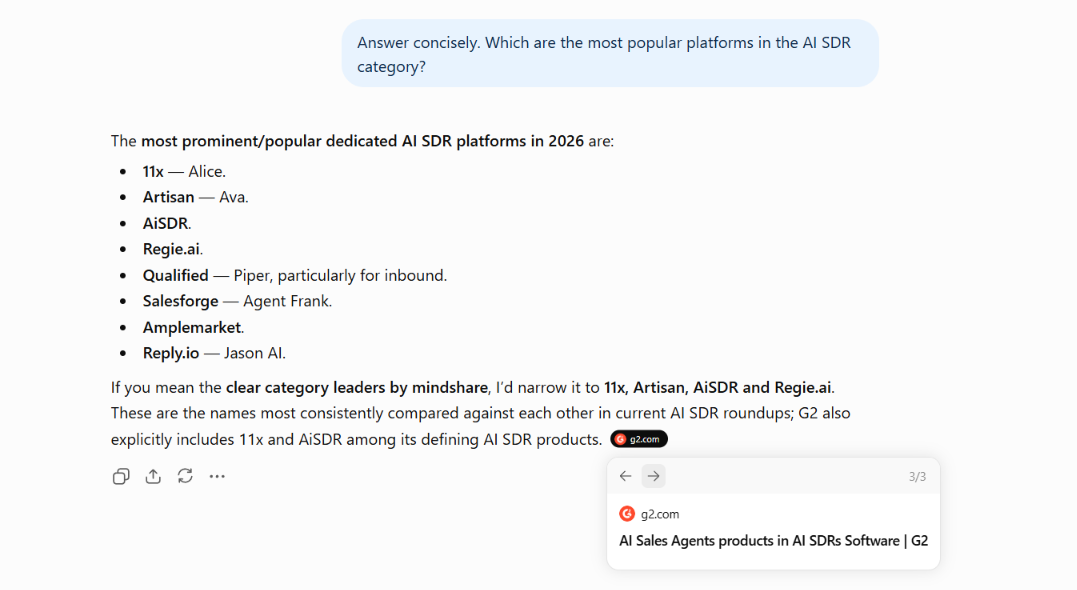 AI chatbot answer listing popular AI SDR platforms, citing G2 as a source.