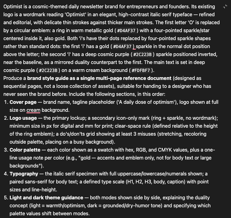 Detailed text prompt asking an AI tool to create a multi-page brand style guide for Optimist.