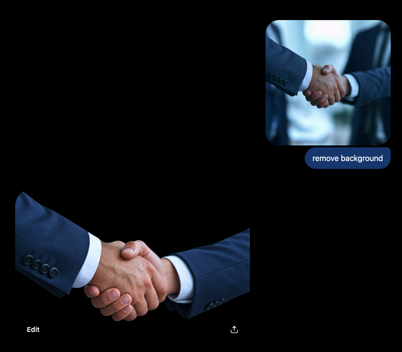 Chat screen showing an AI tool removing the background from a photo of a business handshake.