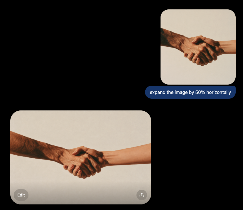 Chat screen showing an AI tool expanding a handshake photo by 50% horizontally.