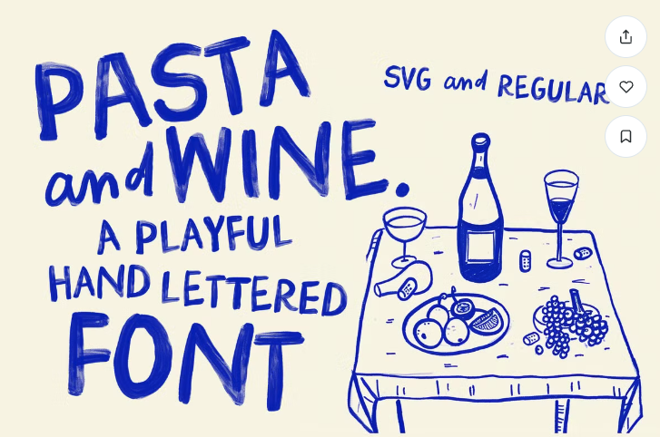 Blue hand-lettered "Pasta and Wine" font ad with a sketch of a table set with wine and food.