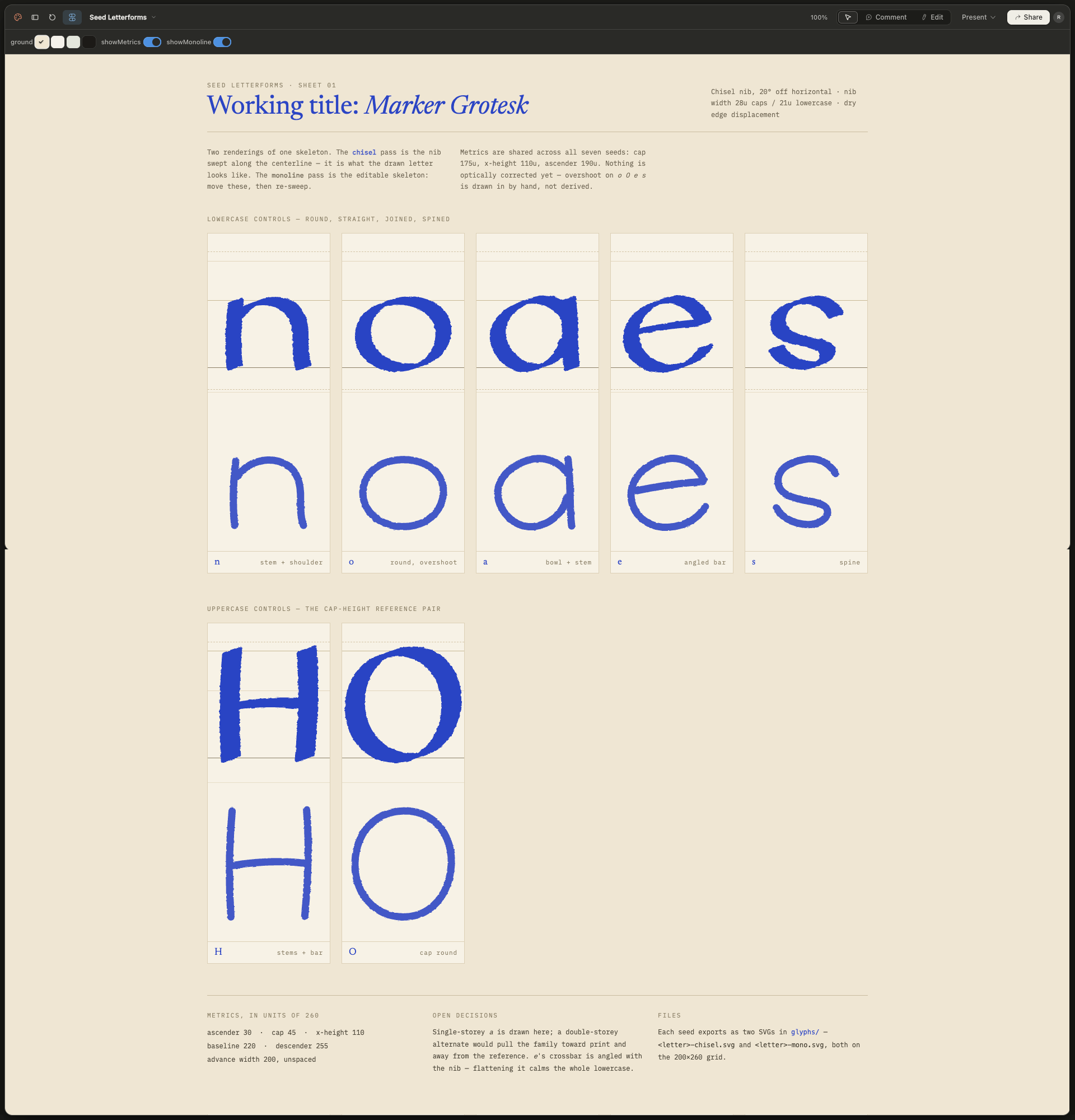 Design app screen showing "Marker Grotesk" blue seed letterforms in chisel and monoline versions.