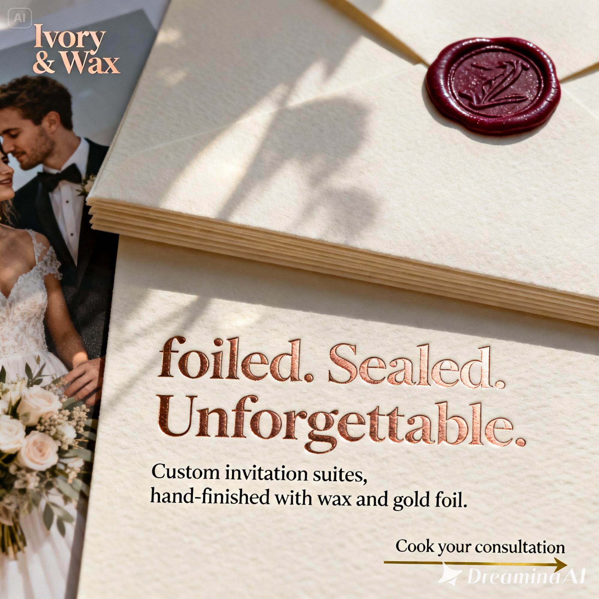 AI-generated Ivory & Wax wedding invitation ad with a burgundy wax seal, rose gold foil text and a typo reading "Cook your consultation."