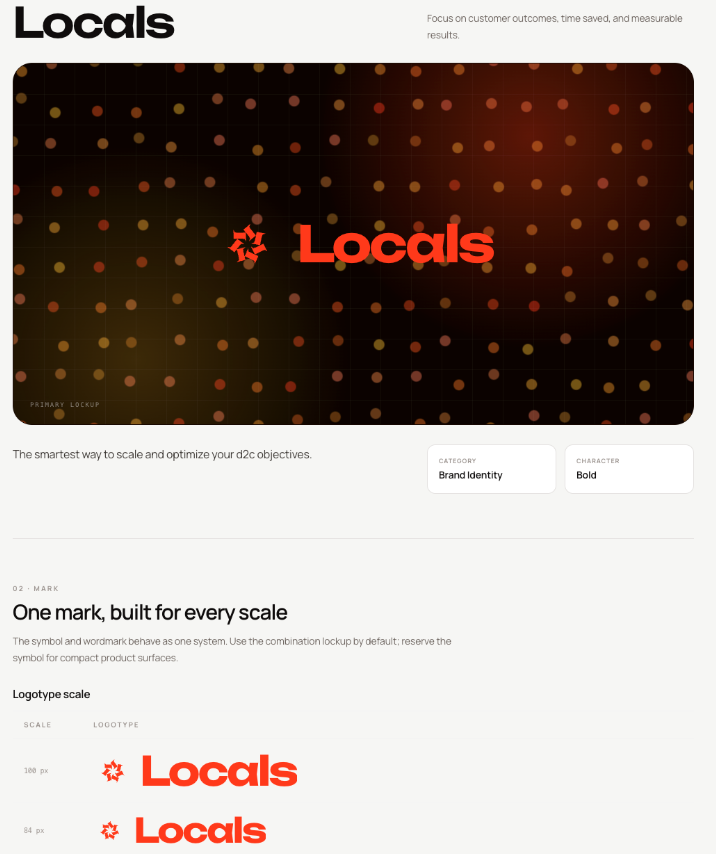 Locals brand identity page with a bold red-orange wordmark and starburst symbol on a dark dotted background.