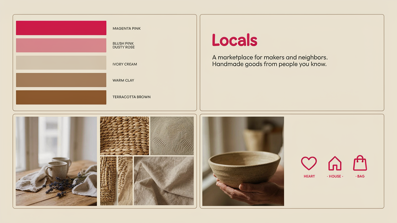 Locals brand moodboard with a pink and clay color palette, handmade ceramics and textiles, and heart, house and bag icons.
