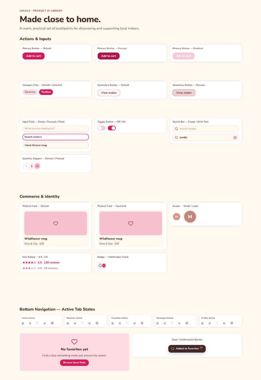 UI component library for the Locals marketplace app, with pink buttons, inputs, product cards and navigation on a cream background.